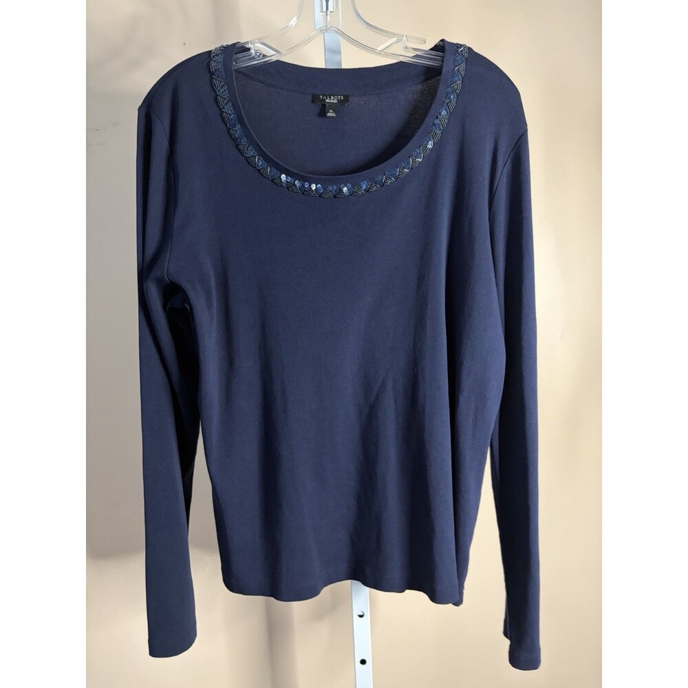 Talbots Women Navy Gemstone Long Sleeve Round Neck Swearer XL 100% Cotton Dressy